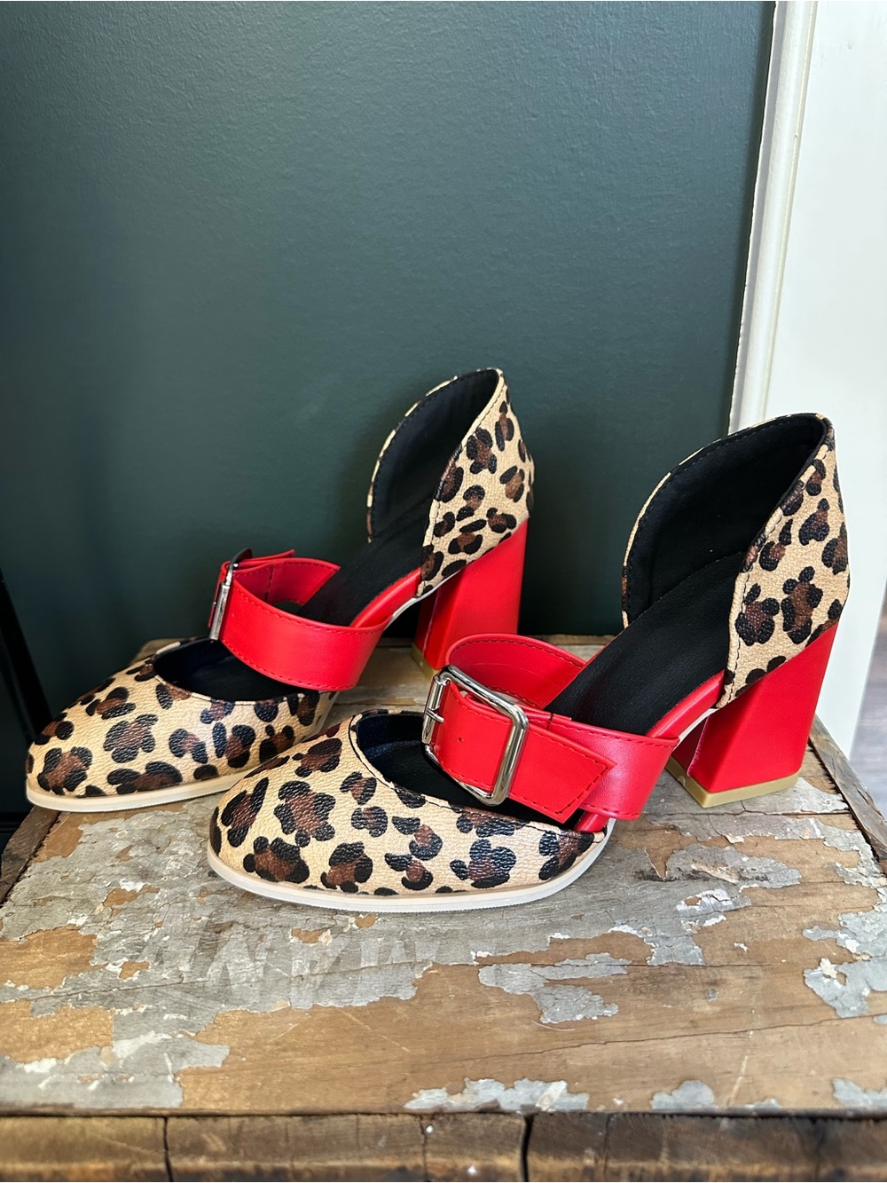 Leopard Print Heels with Red Buckle Strap block heel